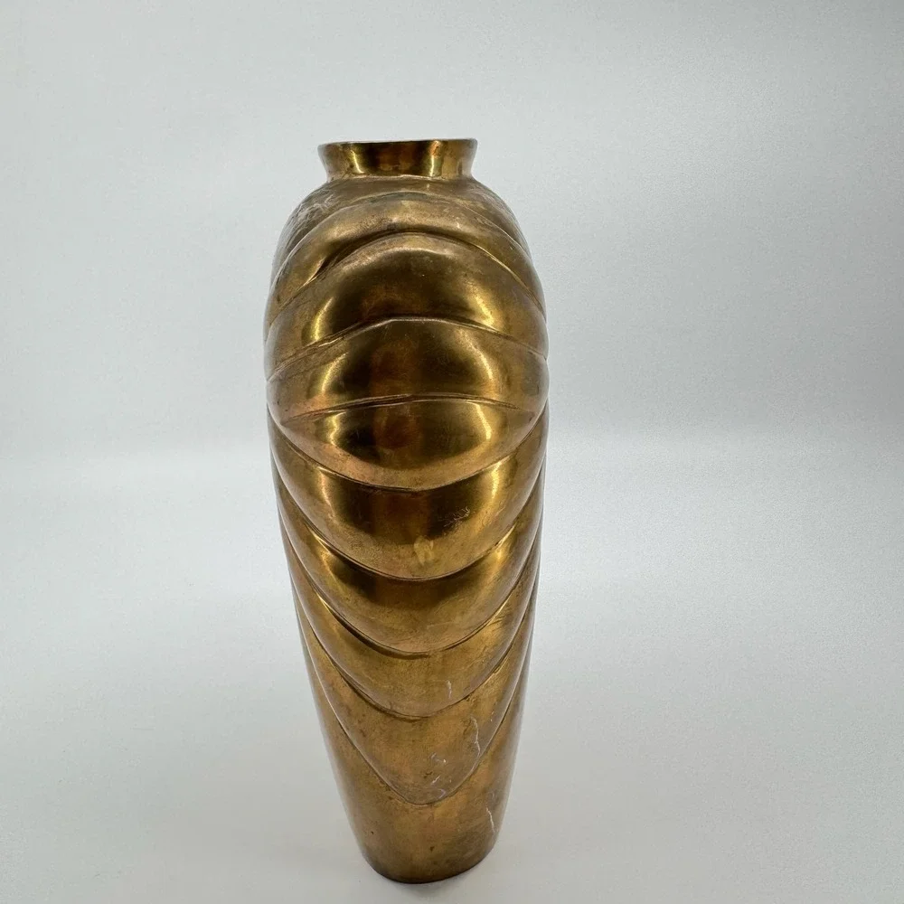 Vtg 70s Brass Vase Art Deco Revival Draped Fan Bow Motif India Heavy 10 Inch